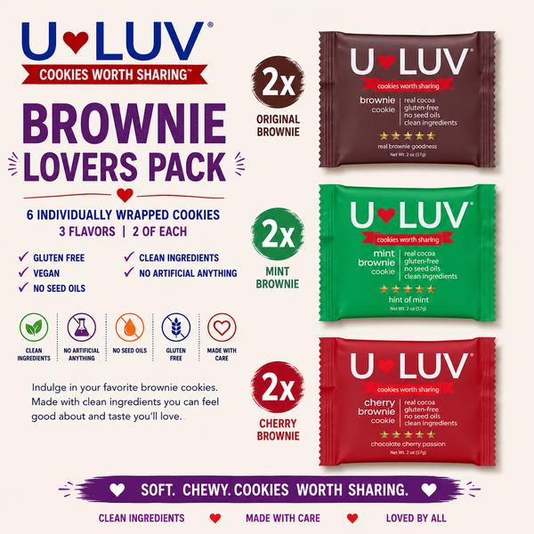 U-LUV Brownie Lovers 6-Pack Pack | 2 Brownie, 2 Mint Brownie & 2 Cherry Brownie | Soft & Chewy | Gluten Free | Made with Avocado Oil | Allergen Friendly