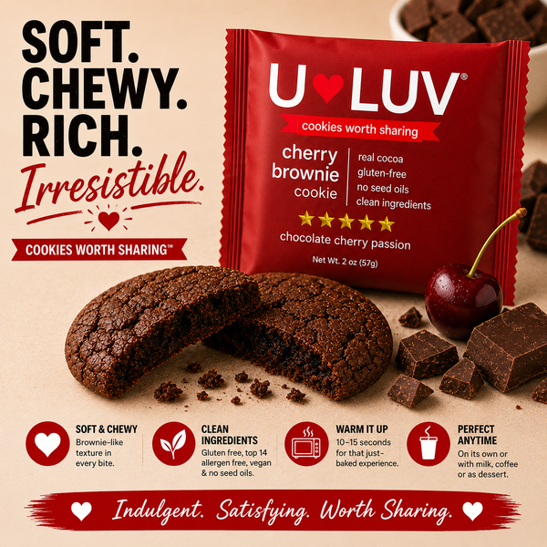 U-LUV Cherry Brownie Cookie 4-Pack | Soft & Chewy | Gluten Free | Made with Avocado Oil | Dairy Free | Nut Free | Allergen Firendly