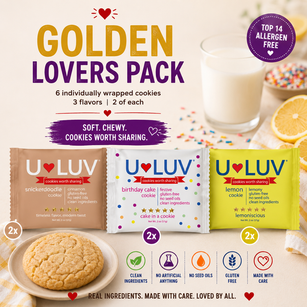 U-LUV Golden Lovers 6-Pack | 2 Lemon, 2 Snickerdoodle & 2 Birthday Cake | Soft & Chewy | Gluten Free | Made with Avocadoo Oil | Allergen Friendly